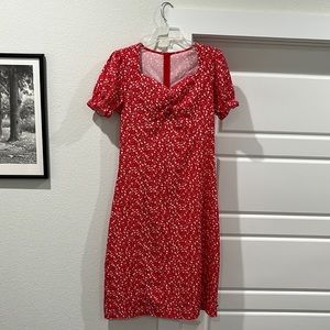 Midi Red w/ White Flower Print Dress - Square Collar - Lantern Sleeve | Size L